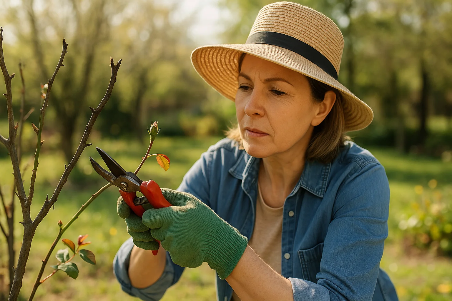 A woman in gardening gloves carefully trims a dry rose branch at a 45° angle, just above an outward-facing bud.