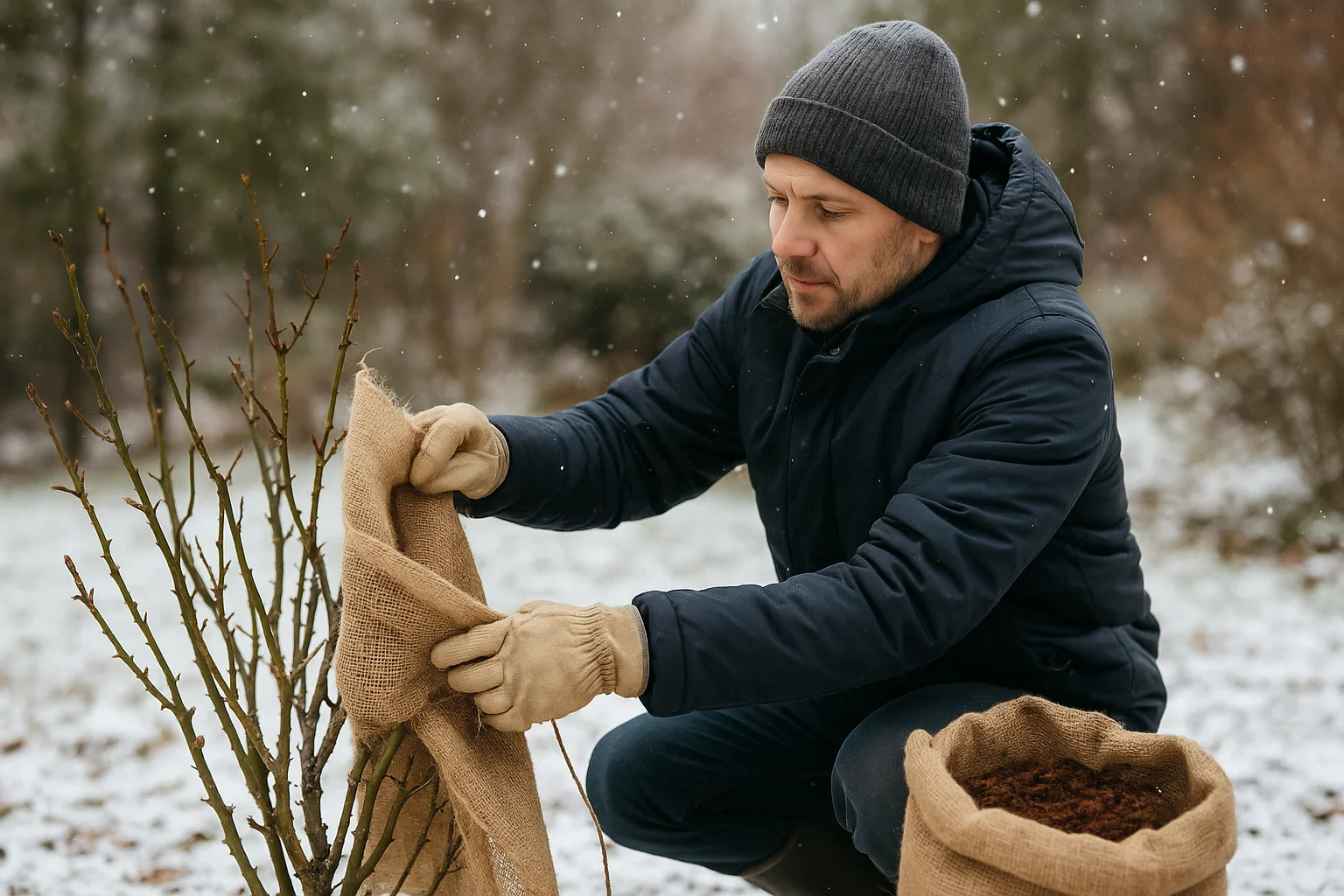 A man in a jacket and gloves gently wraps a rose bush with burlap for winter protection.