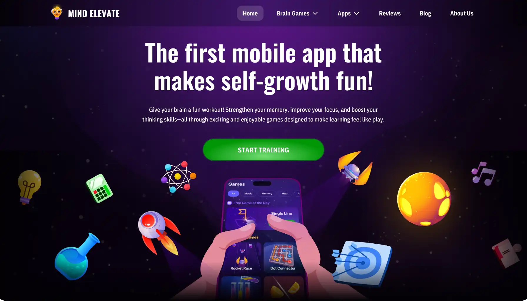 A screenshot from the Mind Elevate app with the words “The first mobile app that makes self-growth fun!”