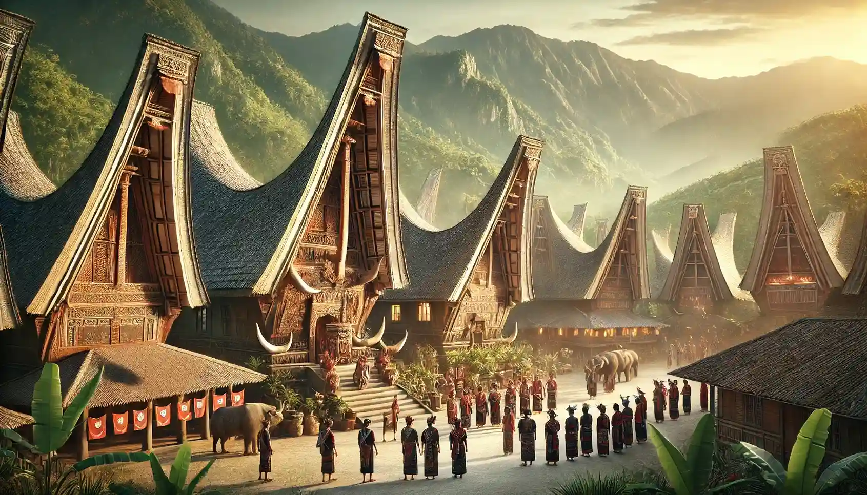 Traditional tongkonan houses with curved roofs resembling buffalo horns are surrounded by lush green mountains and locals are involved in the rituals.