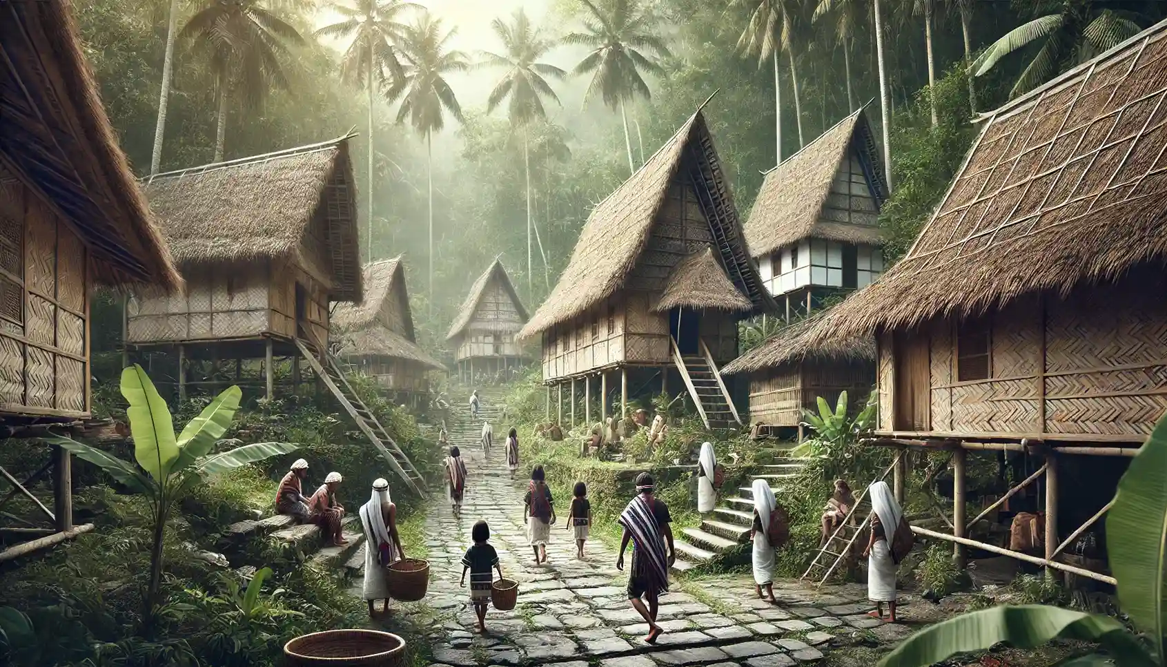 Traditional bamboo houses with palm-leaf roofs are nestled in a dense, green jungle. Local people dressed in simple, handwoven white and black clothing walk barefoot on stone paths, engaging in daily activities without any modern gadgets.
