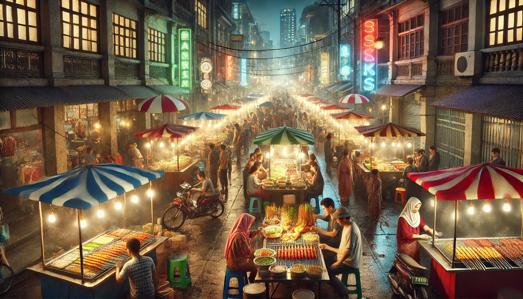 an urban street at night, lined with numerous food stalls illuminated by colorful lights