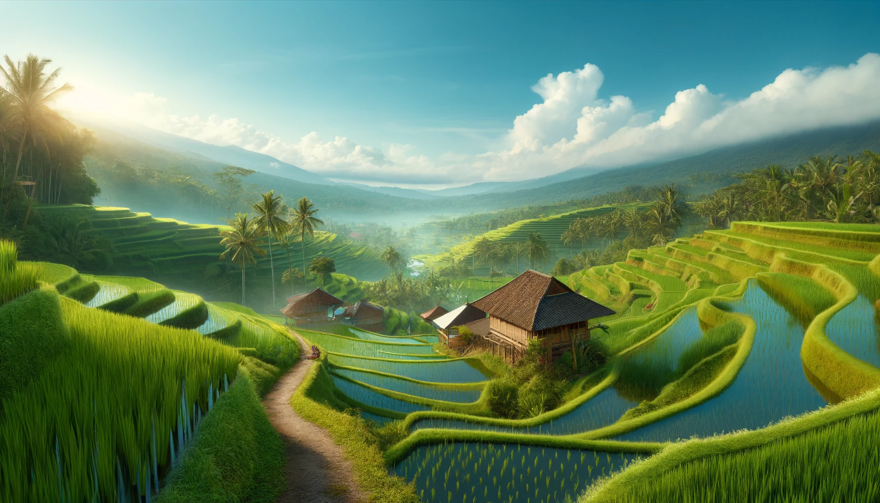 Bali's iconic rice paddies under a clear blue sky