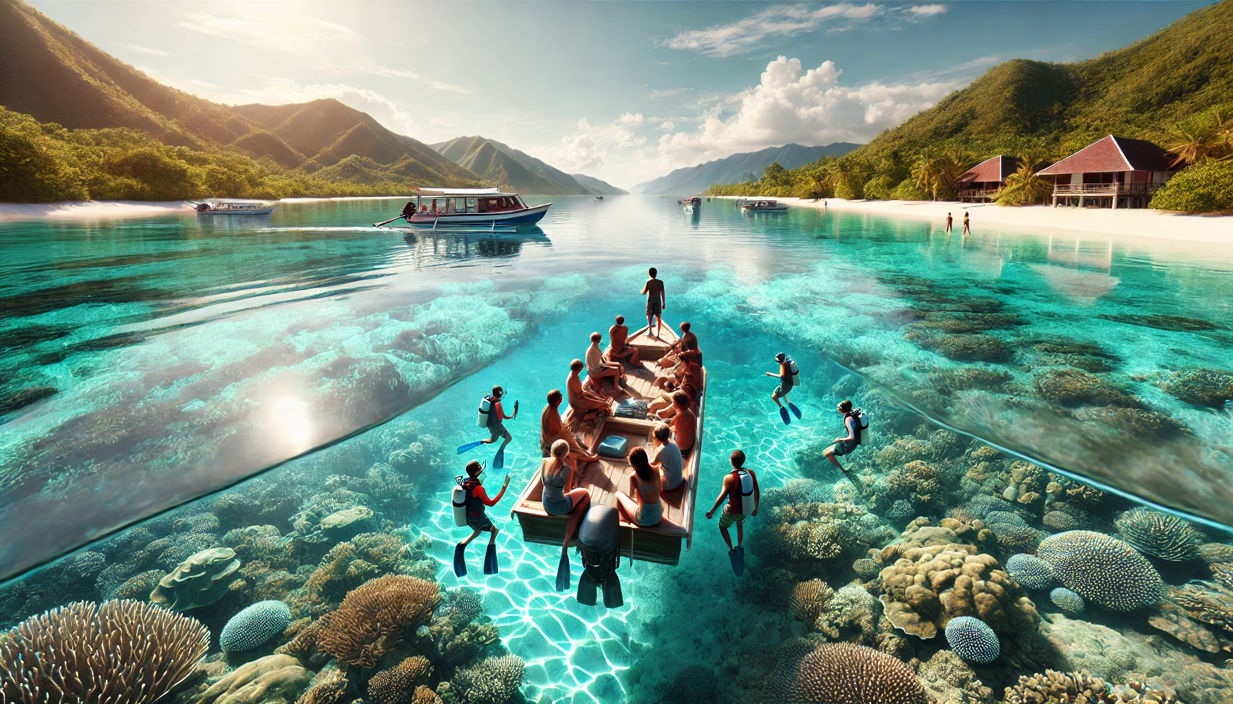a group of travelers on a small boat navigating through the crystal-clear waters near the Gili Islands, Indonesia
