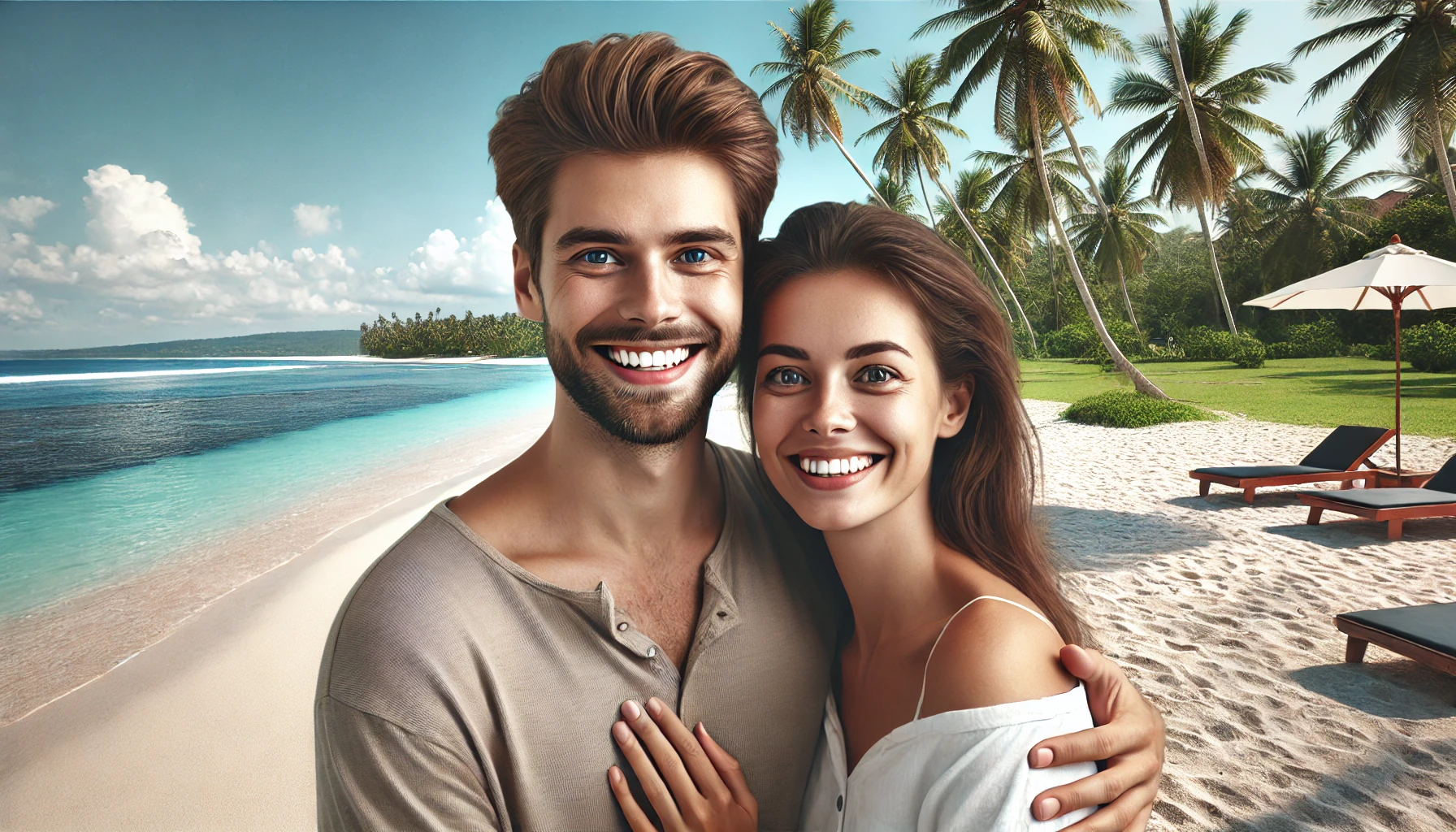 a smiling couple of tourists (young man and young woman) hugging on a beach in Bali.