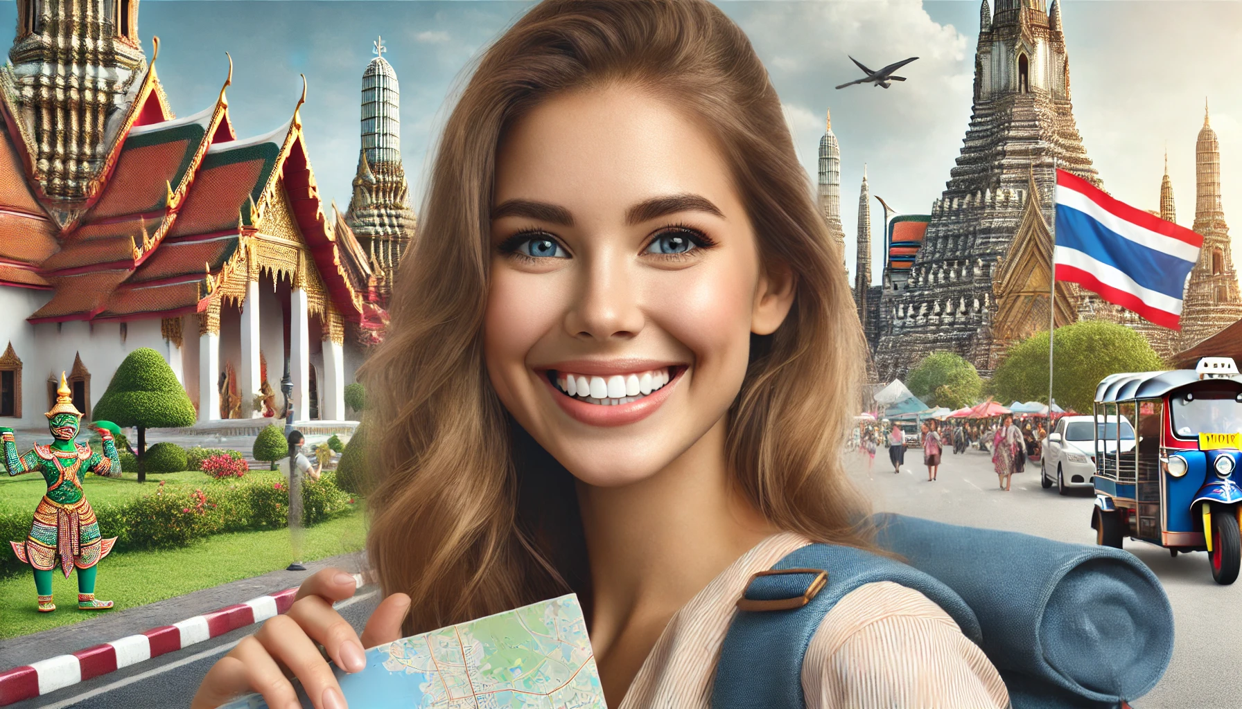a smiling woman tourist in Thailand near Wat Arun in Bangkok. She is wearing casual travel attire and holding a map.
